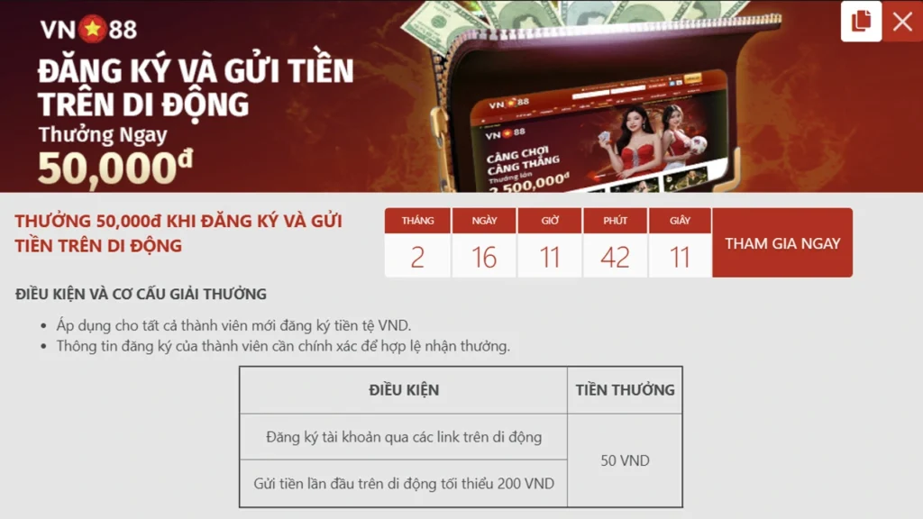 Khuyến mãi VN88 - Đăng ký và gửi tiền trên di động