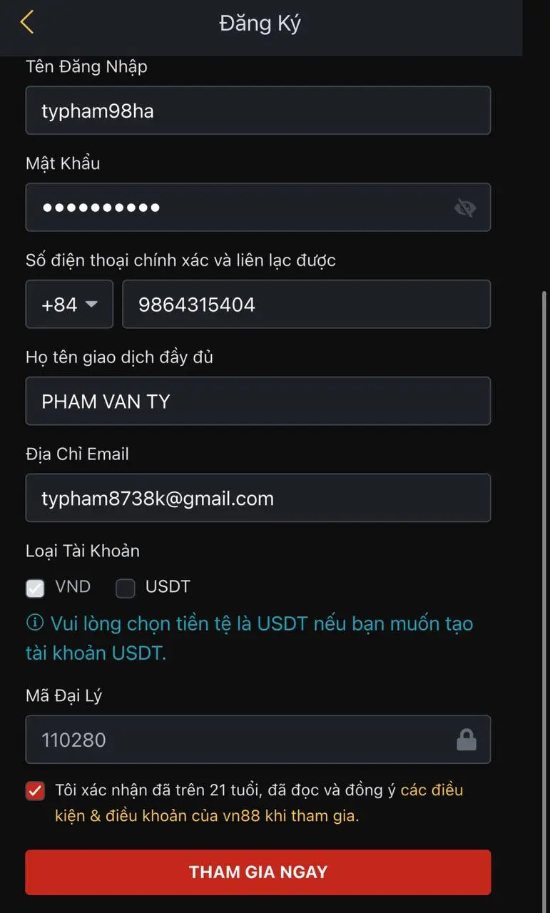 Đăng ký tài khoản VN88