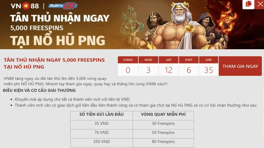 Khuyến mãi VN88 - Nổ Hũ PNG tặng 5000 Preespins tân thủ